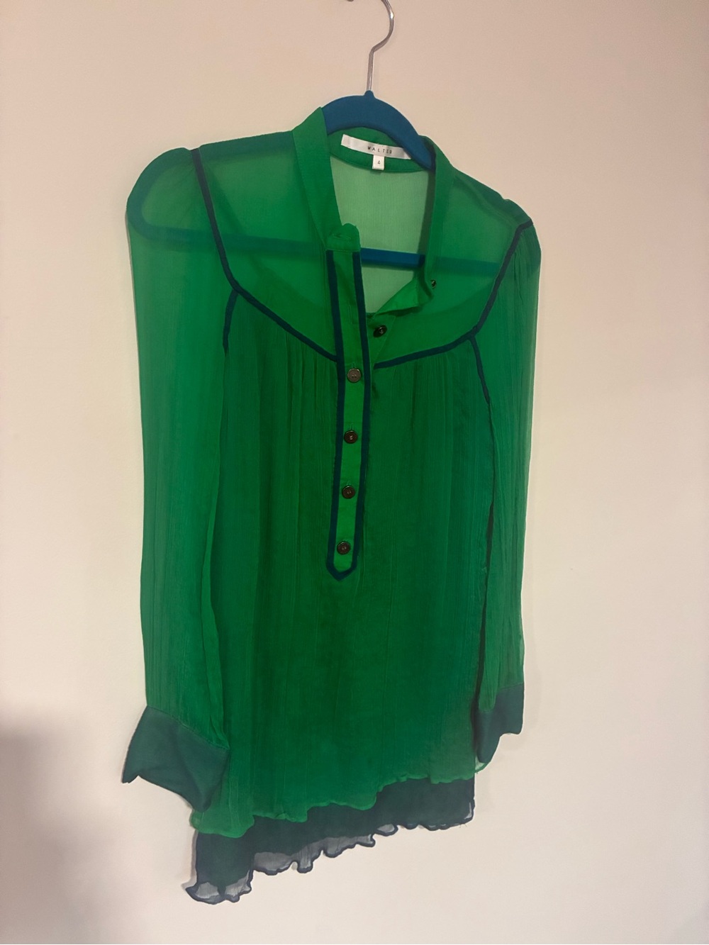 Green Sheer Long-Sleeve Blouse with Contrast Trim